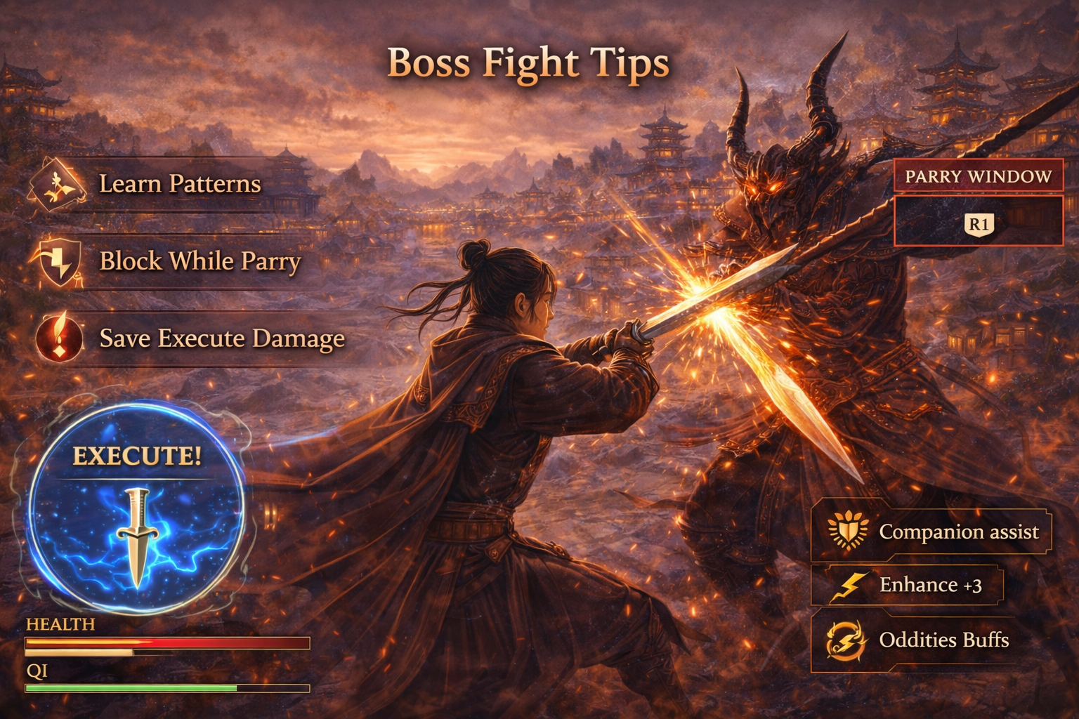 Where Winds Meet boss fight tips, Where Winds Meet boss patterns, parry windows Where Winds Meet, deflect timing, block while parry, red glint attacks, yellow glint attacks dodge