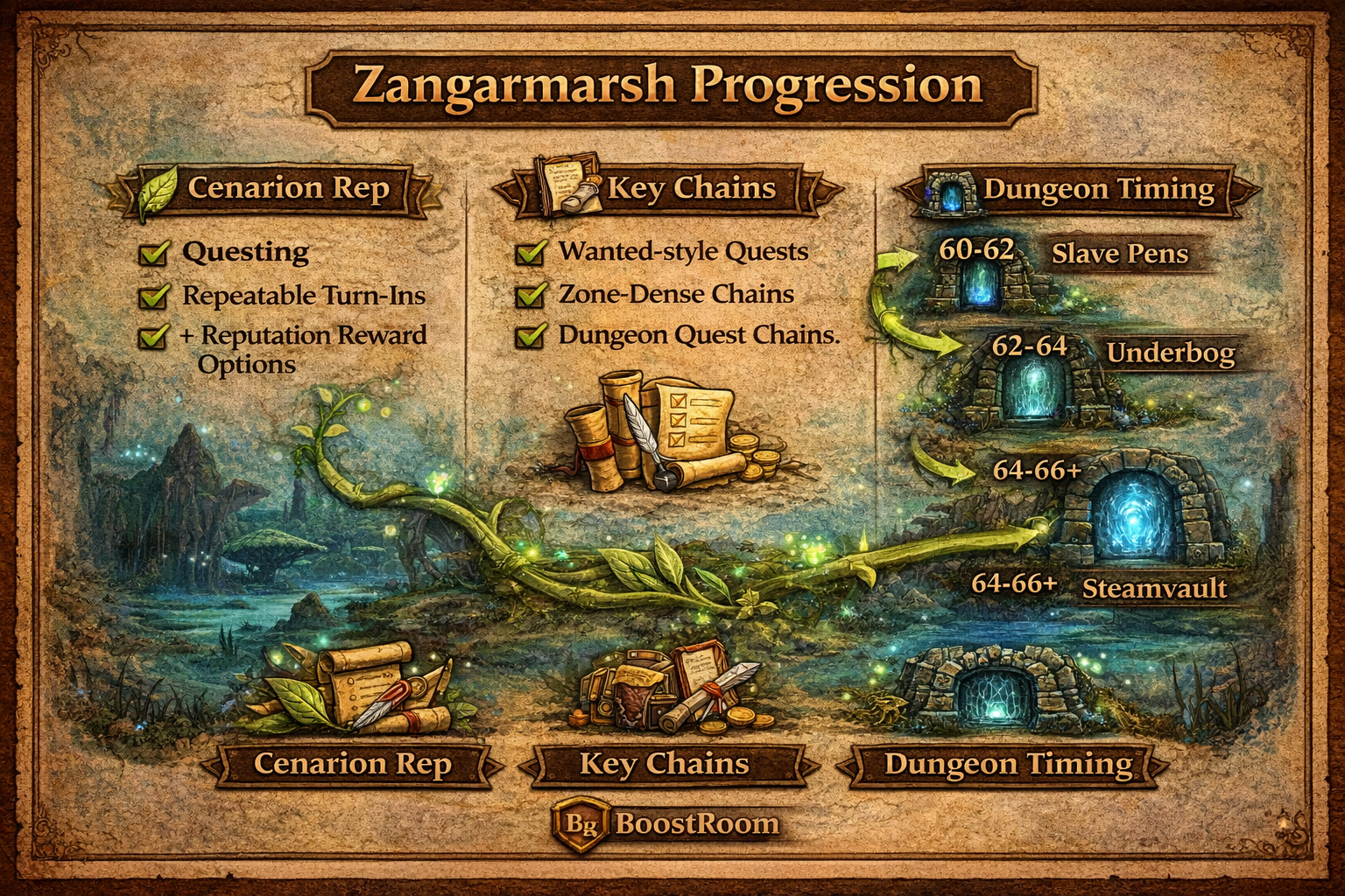 Zangarmarsh progression guide, TBC Classic Zangarmarsh quests, Cenarion Expedition reputation, Unidentified Plant Parts turn-in, Uncatalogued Species