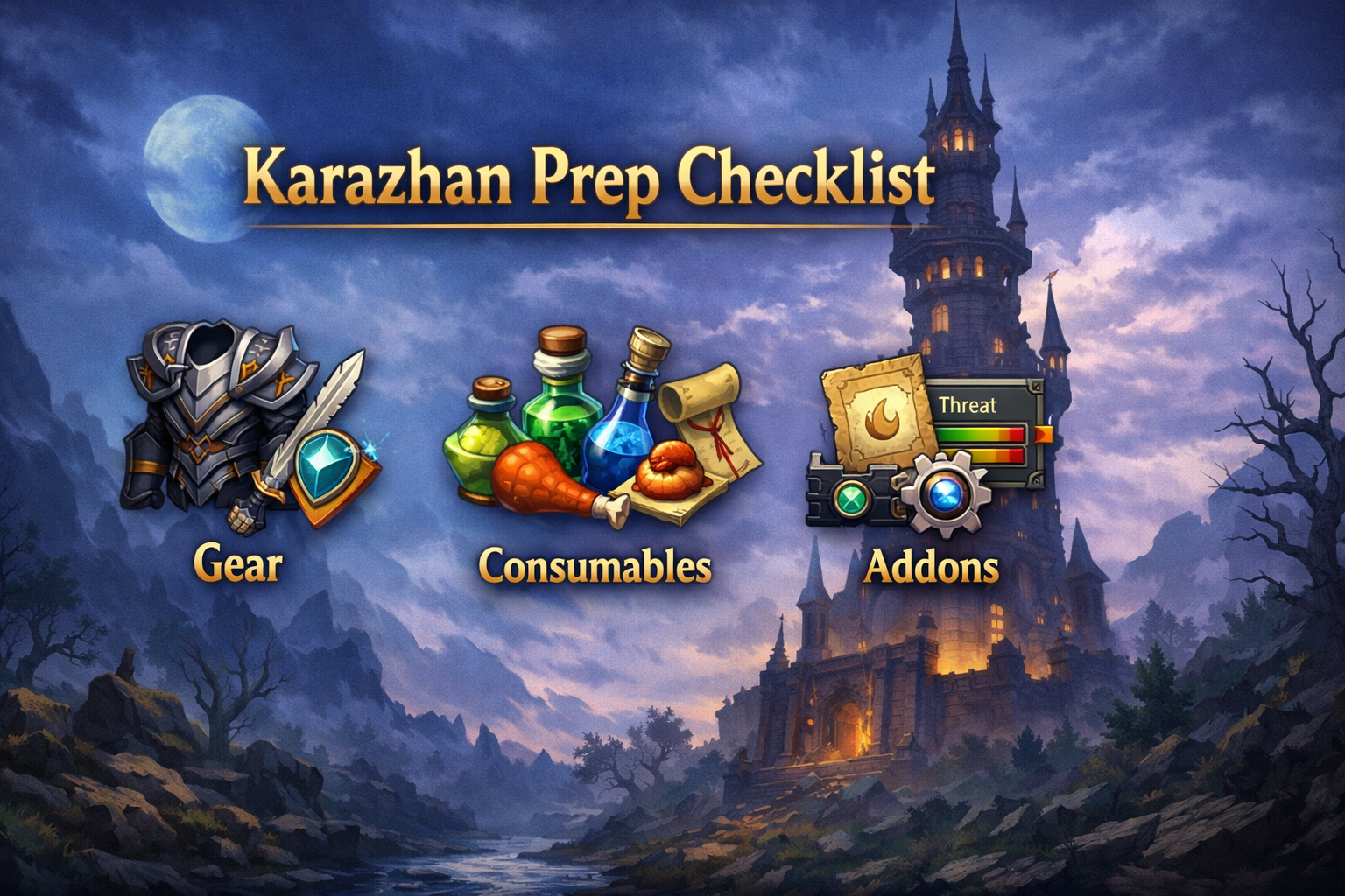 Karazhan prep checklist, Karazhan minimum gear, Karazhan consumables, Karazhan addons, TBC Classic raid prep