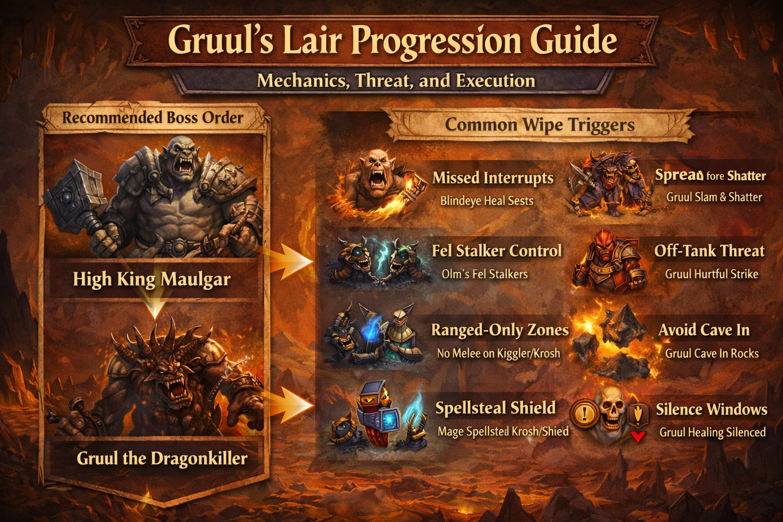 Gruul’s Lair progression guide, High King Maulgar strategy, Maulgar kill order, Blindeye Prayer of Healing interrupt, Olm Dark Decay stacks, Enslave Demon fel stalkers