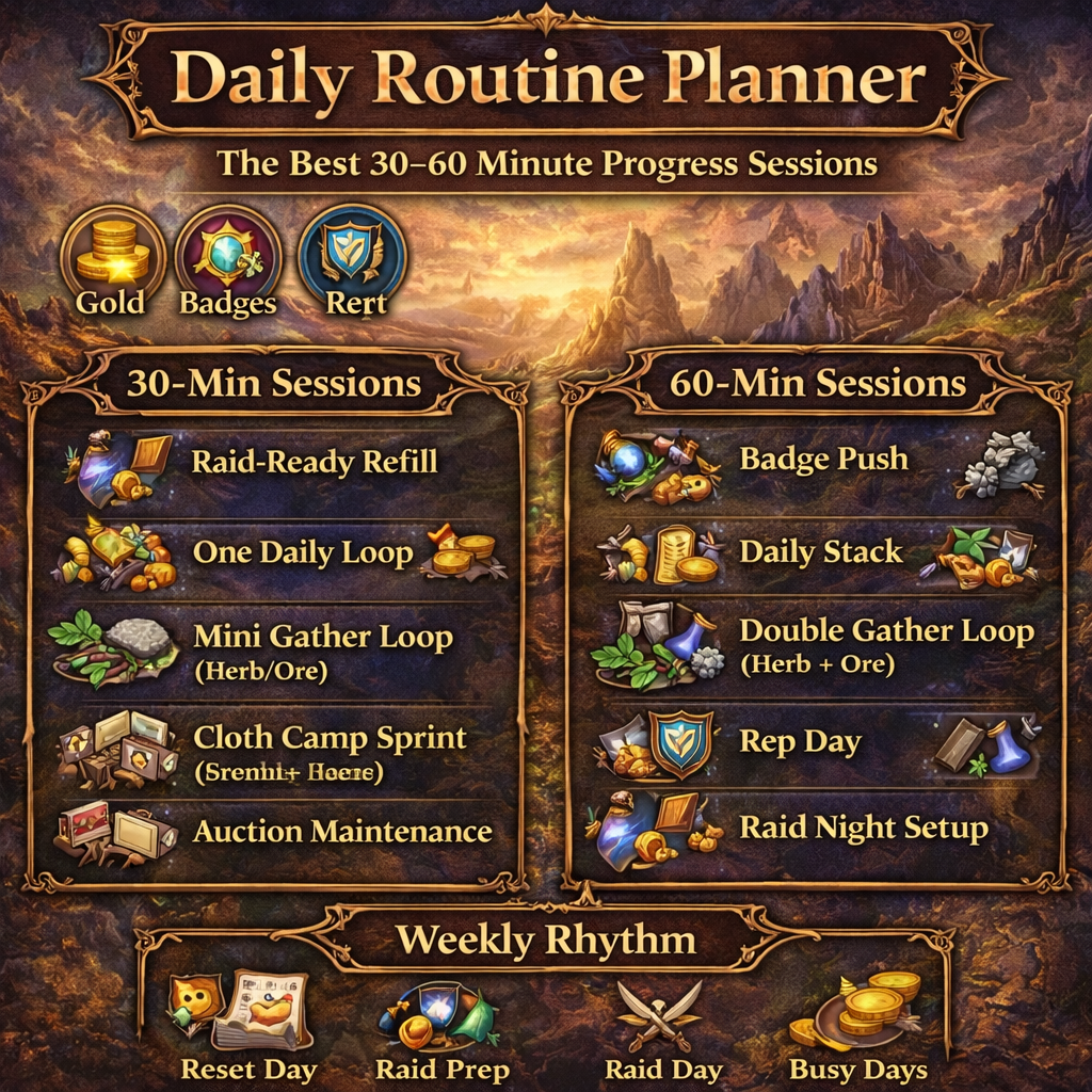 daily routine planner TBC, 30 minute routine TBC, 60 minute routine TBC, TBC raid ready routine, daily progress sessions WoW TBC