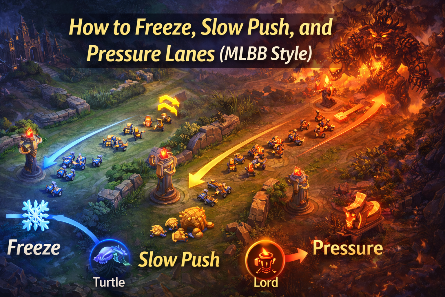 MLBB wave control, how to freeze lane MLBB, slow push MLBB, crash wave MLBB, lane pressure Mobile Legends, MLBB macro guide, minion wave management MLBB, gold lane freezing