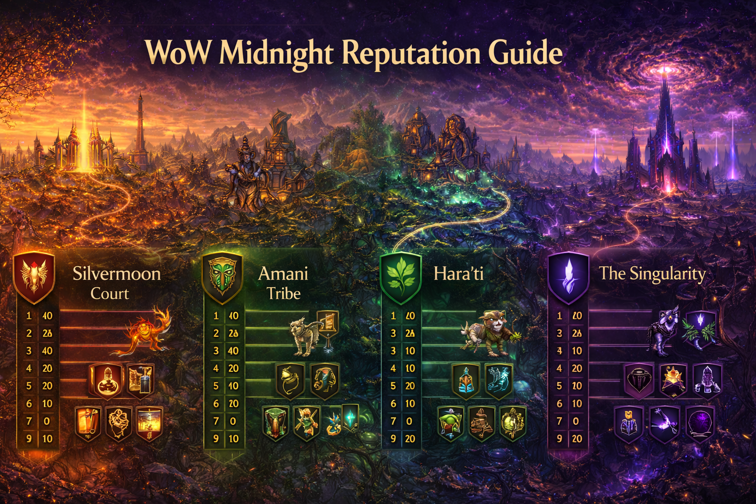 WoW Midnight reputation guide, WoW Midnight renown guide, Midnight factions renown, Silvermoon Court renown rewards, Saltheril’s Soiree reputation, Silvermoon Court sub-factions