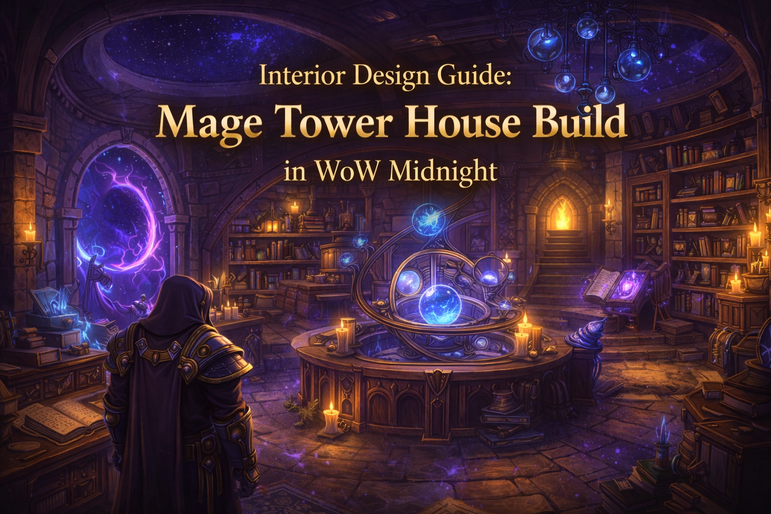 WoW Midnight mage tower house, mage tower housing build, WoW player housing mage tower, WoW Midnight interior design guide, arcane library build WoW housing, observatory room WoW housing