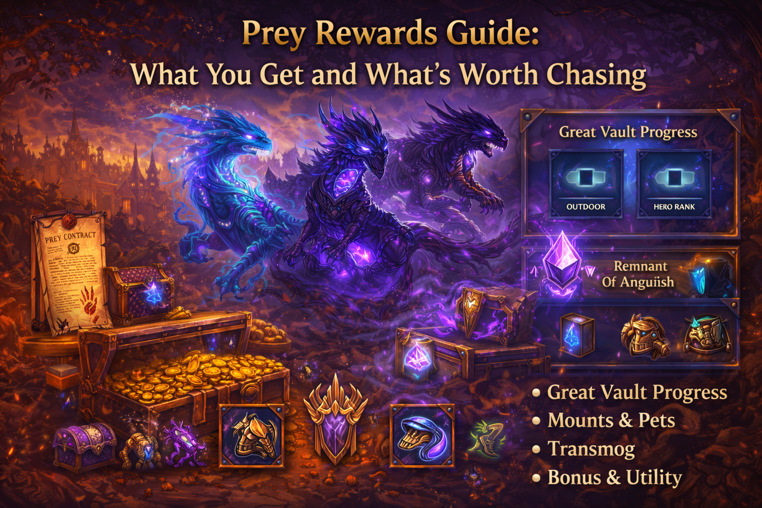WoW Midnight Prey rewards, Prey system rewards guide, Remnant of Anguish, Preyseeker’s Journey, Construct V’anore, Astalor’s Sanctum, mana wyrm mounts, Preyseeker’s Hubris, Preyseeker’s Wrath