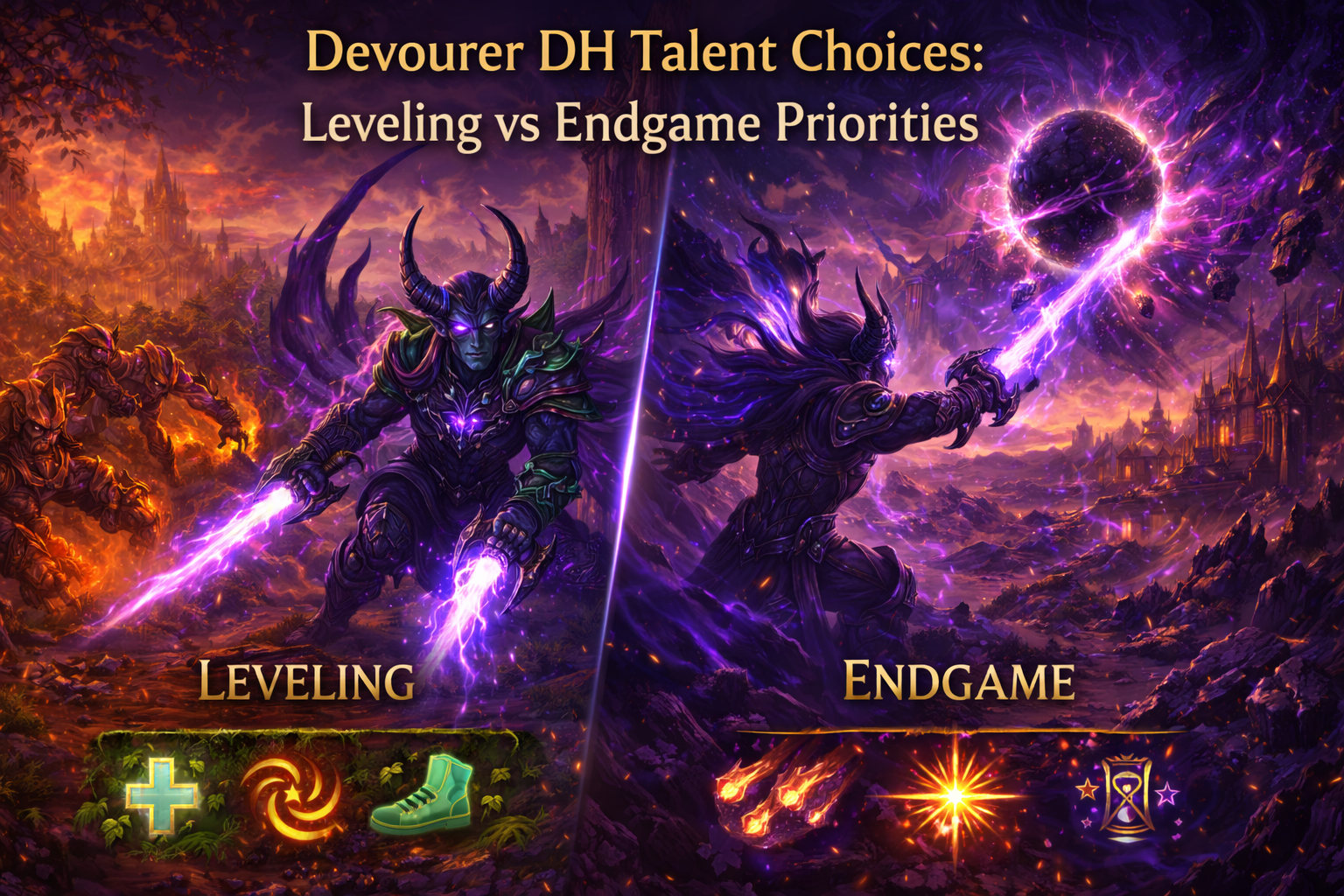 Devourer Demon Hunter talents, Devourer DH leveling talents, Devourer DH endgame build, Devourer DH raid talents, Devourer DH Mythic+ talents, Devourer DH PvP talents, Annihilator hero talents