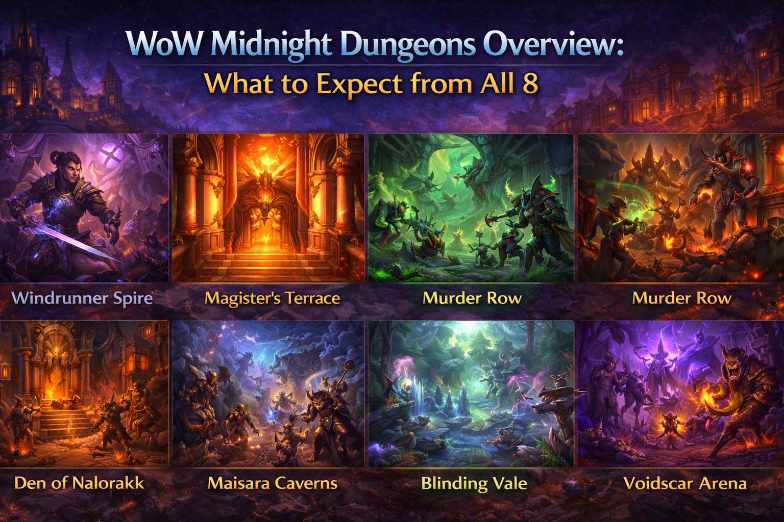 WoW Midnight dungeons, Midnight dungeon overview, Windrunner Spire, Magister’s Terrace Midnight, Murder Row dungeon, Den of Nalorakk, Maisara Caverns, Blinding Vale