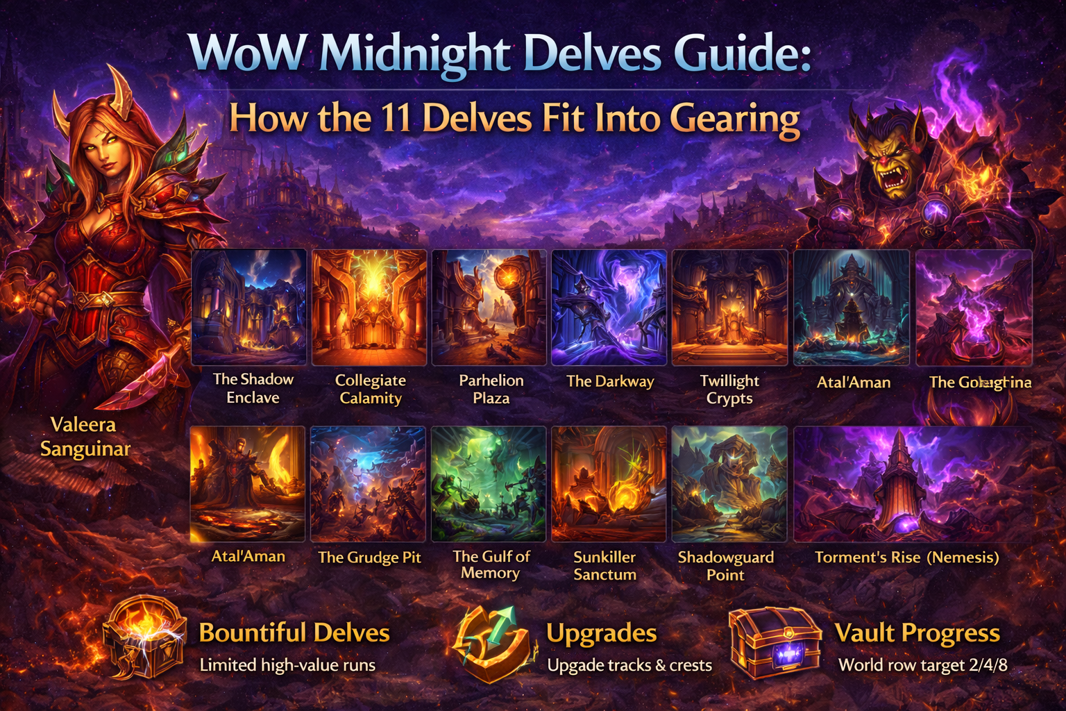 WoW Midnight Delves guide, Midnight Delves gearing, 11 Delves Midnight, Valeera Sanguinar Delves, Torment’s Rise Nemesis Delve, Bountiful Delves Midnight, Restored Coffer Key, Great Vault Delves