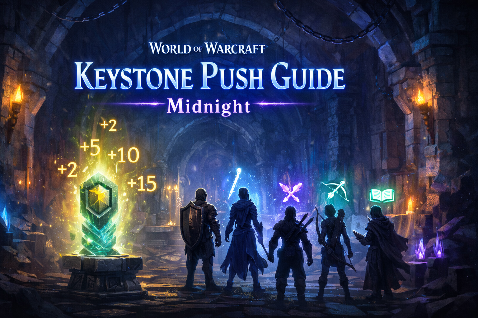 WoW Midnight keystone push guide, WoW Midnight Mythic+ guide, push from +2 to +15, push to +18 WoW Midnight, Mythic+ route planning, Mythic+ interrupts and stops, Mythic+ cooldown planning
