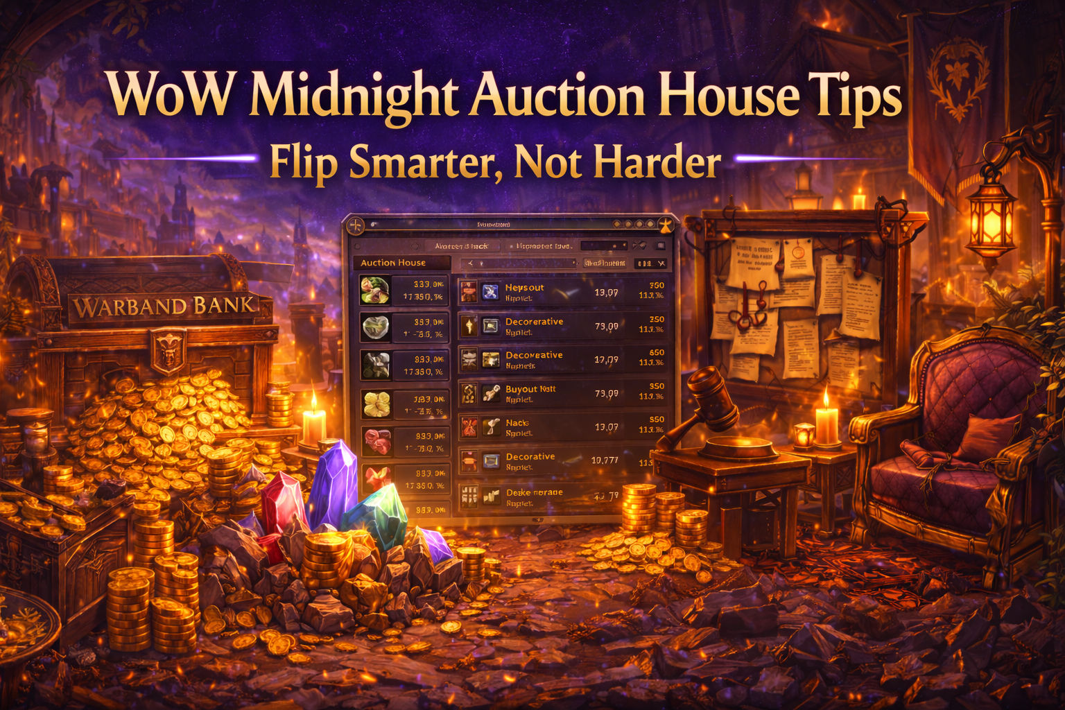 WoW Midnight Auction House tips, Midnight AH flipping, flip smarter not harder WoW, region-wide commodities WoW, warband bank auction house, WoW Midnight goldmaking, Midnight housing