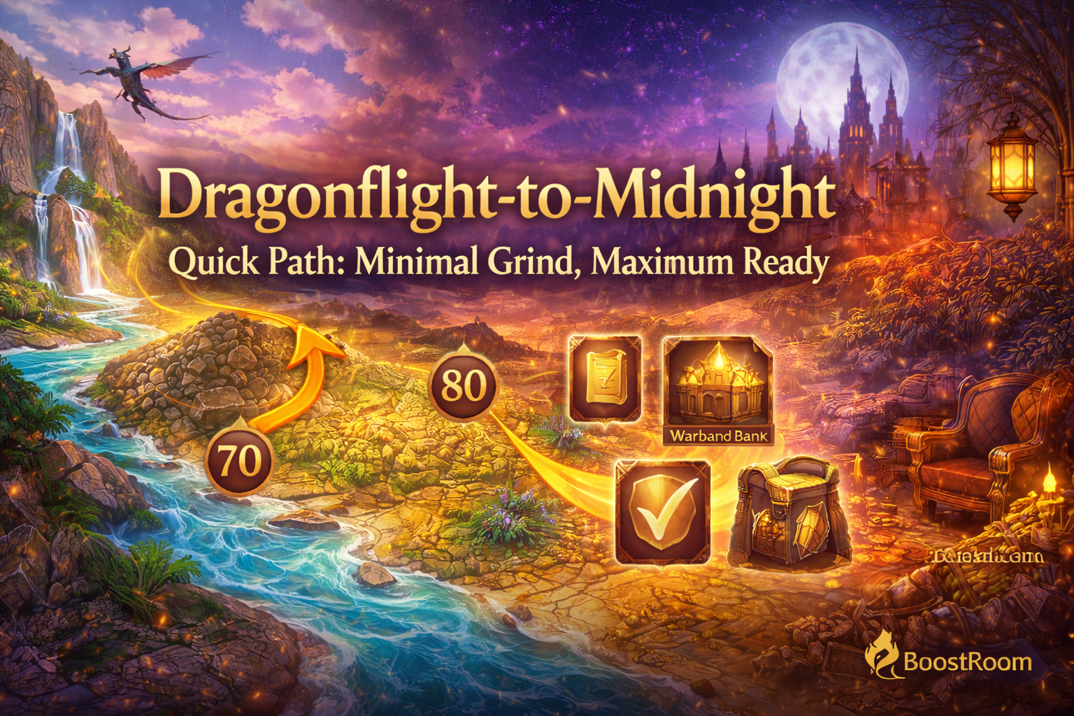 Dragonflight to Midnight guide, WoW Midnight quick path, minimal grind prep, War Within recap 70-80, level 80 to 90 plan, WoW Midnight launch checklist, Warbands setup, Warband Bank tips