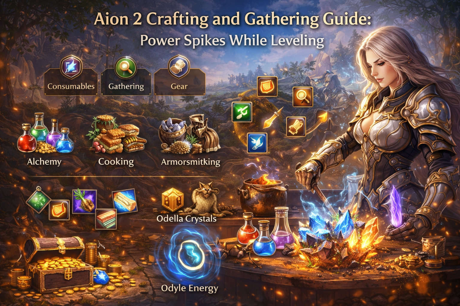 ion 2 crafting guide, Aion 2 gathering guide, Essence Extraction, Odella, Odyle Energy, alchemy, cooking, weaponsmithing, armorsmithing, handicrafting, leveling power spike, fast leveling, kinah farmi